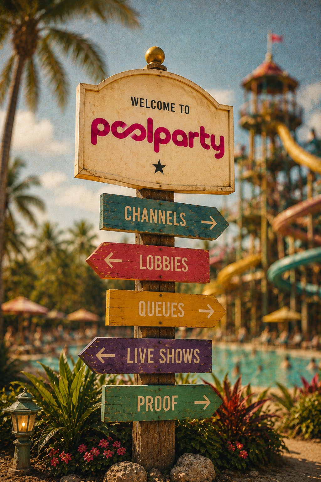 PoolParty wayfinding sign for channels, lobbies, queues, live shows, and proof